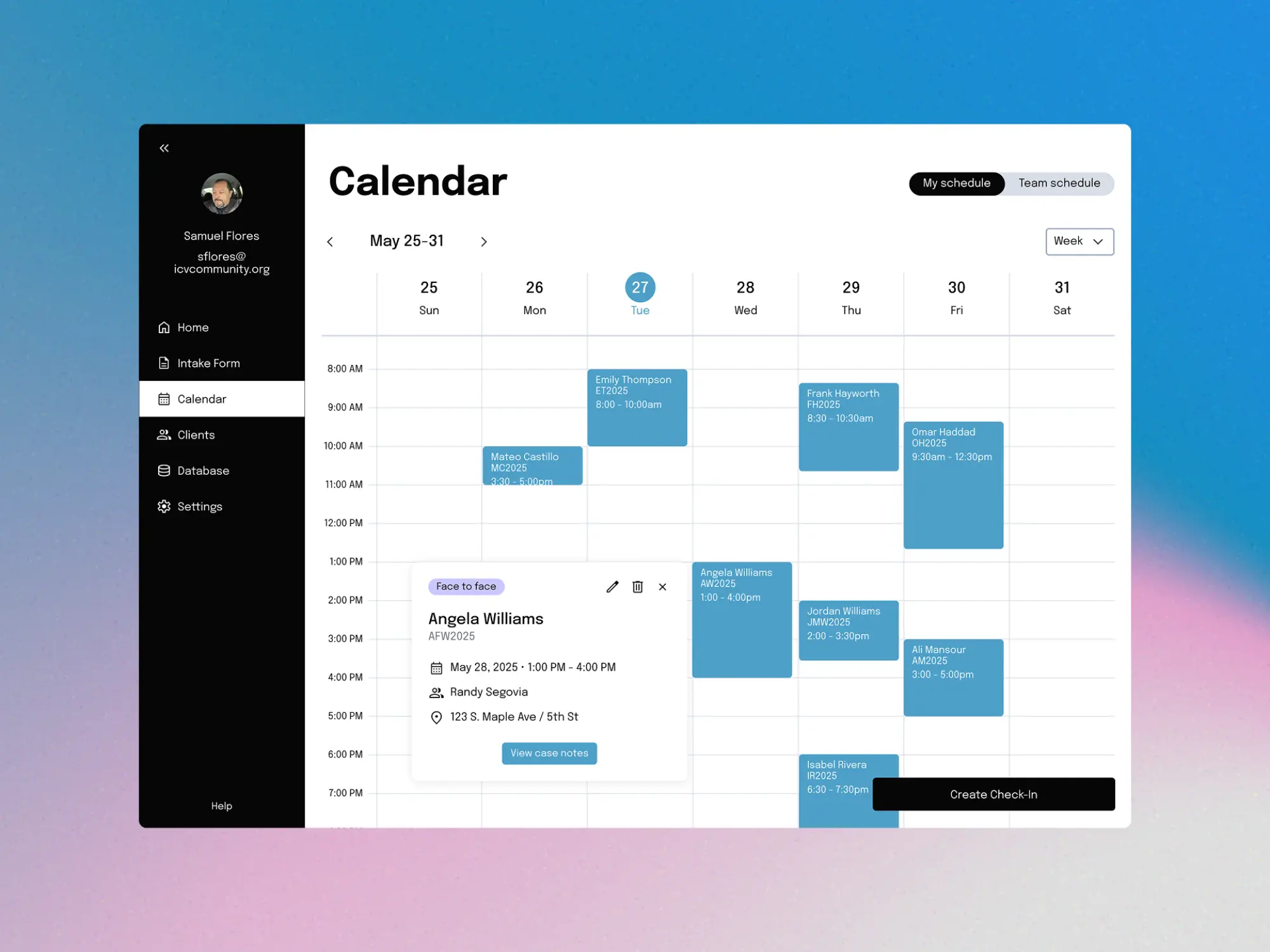 A weekly calendar view of client check-ins with an event detail popover open