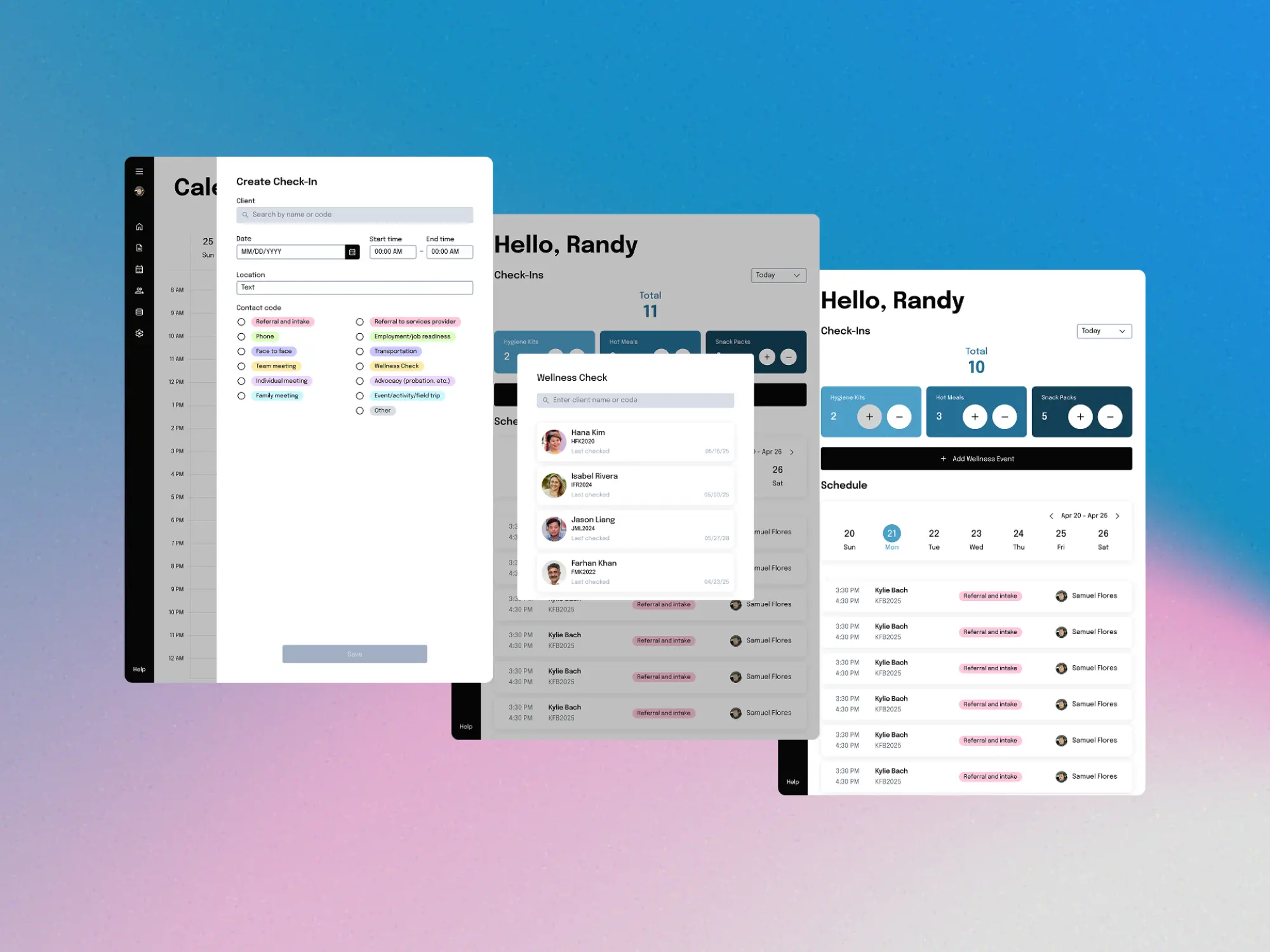 Three overlapping check-in screens: a create check-in form, a wellness check list, and a client dashboard
