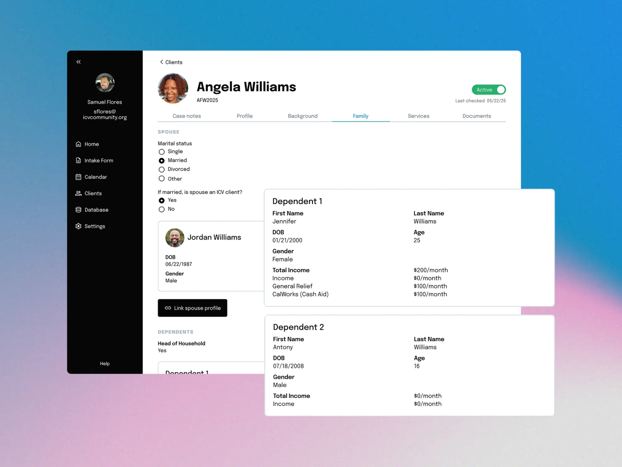 Client Family profile tab showing spouse details and two dependent cards under a Head of Household