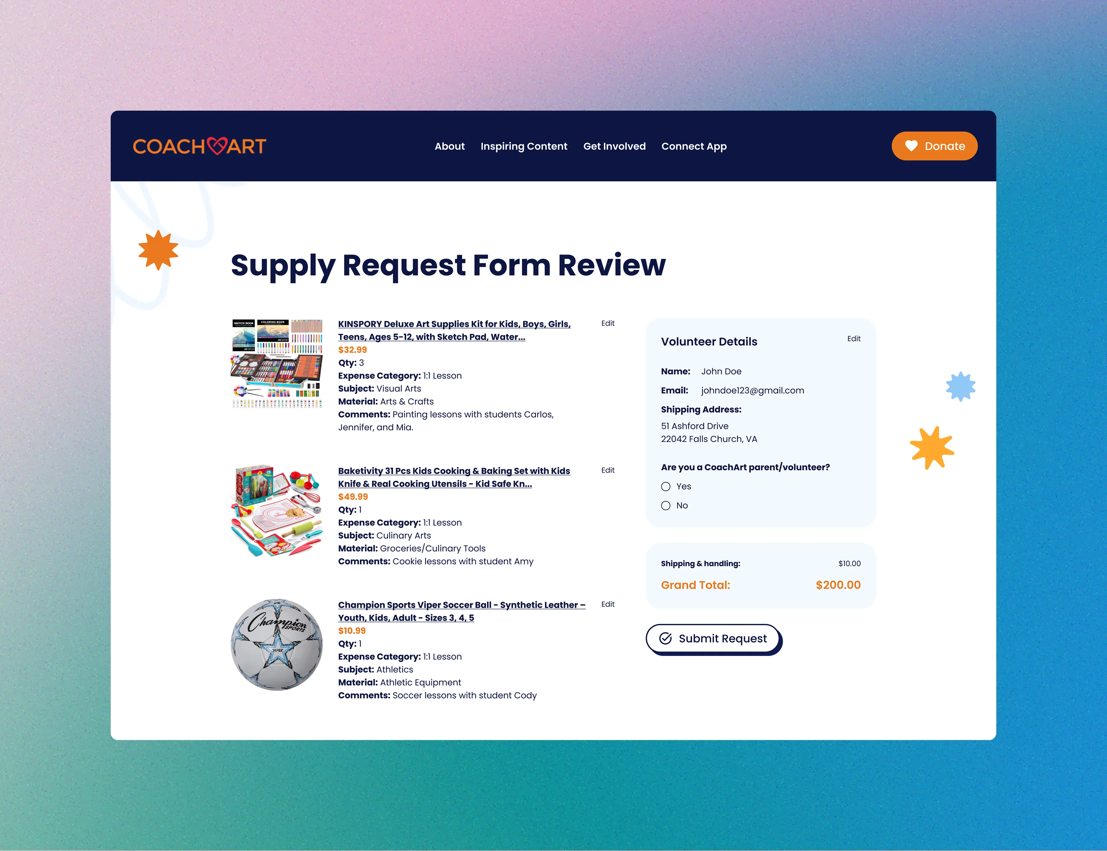 CoachArt supply request review showing item details, volunteer information, and a one-click submission