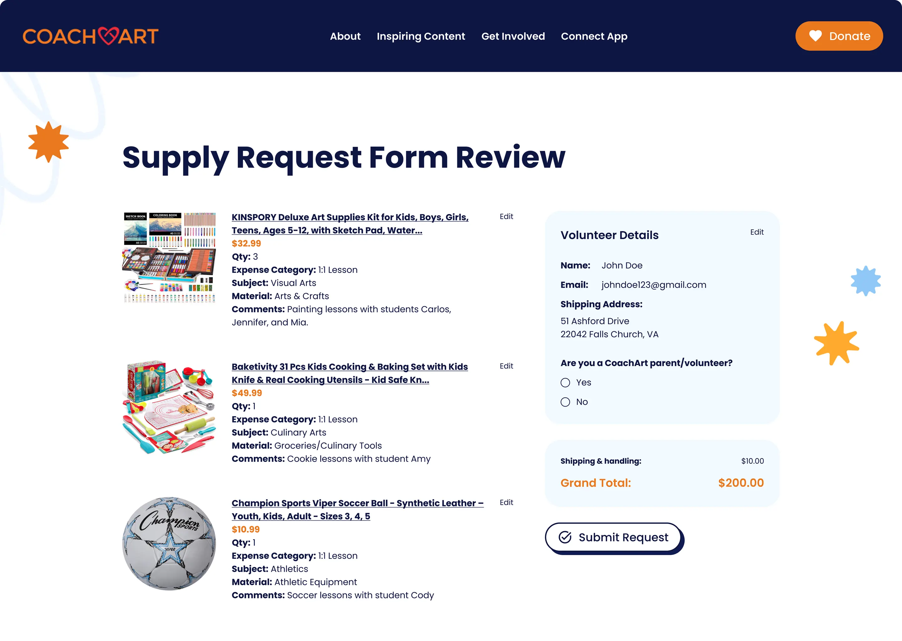 CoachArt Supply Request Form Review showing requested items, volunteer details, a total, and a Submit Request button.